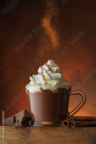 powder sprinkled on cup of hot chocolate with whipped cream and cinnamon against brown background