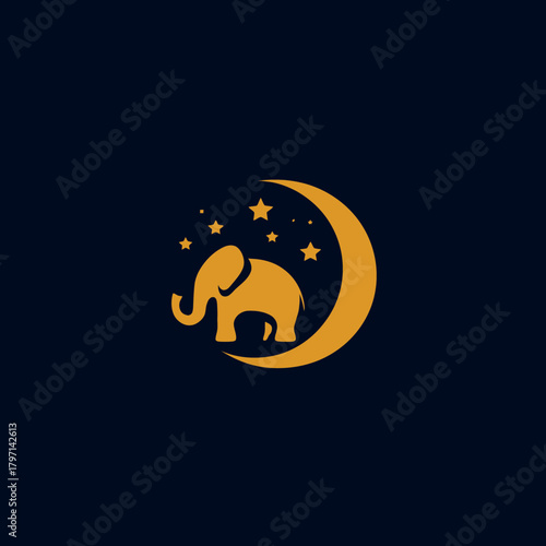Golden elephant silhouette on a crescent moon surrounded by stars against a dark blue background, a dreamy celestial night illustration.