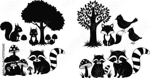 Cute woodland animals illustration with raccoons, fox, squirrels, birds, trees, and mushrooms in black and white forest vector design