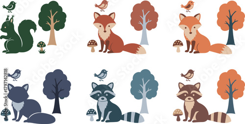 Cute woodland animals illustration with fox, squirrel, raccoon, birds, trees, and mushrooms in autumn forest flat cartoon design