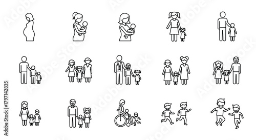 Illustration of various family structures, including single parents, couples with children, and families with disabled members