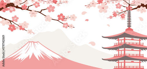 Minimal Pink Japanese Landscape Vector Background with Mountain, Pagoda Tower, and Blooming Cherry Blossoms Template