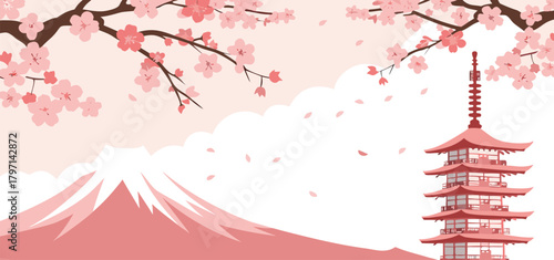 Minimal Pink Japanese Landscape Vector Background with Mountain, Pagoda Tower, and Blooming Cherry Blossoms Template