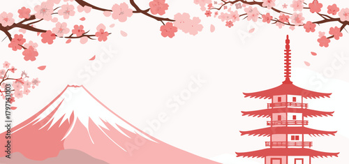Minimal Pink Japanese Landscape Vector Background with Mountain, Pagoda Tower, and Blooming Cherry Blossoms Template