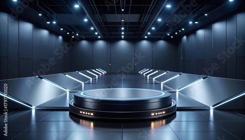 Wallpaper Mural Futuristic Dark Room with Glowing Podium Stage and Blue Light Architecture, Modern Empty Showroom Background for Technology Product Display. Torontodigital.ca