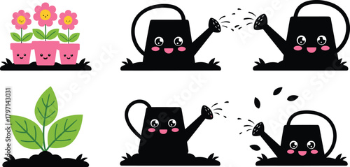 Cute kawaii watering can and flower pots illustration showing plant growth, gardening and nature care concept in cartoon style
