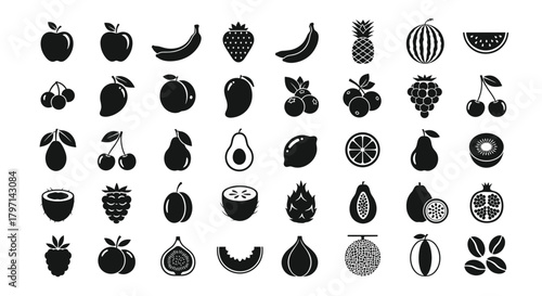 Assorted fruit silhouette collection a variety of fresh and healthy fruits for design and culinary projects