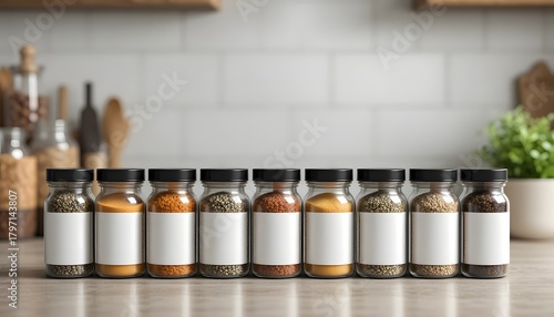 Colorful spices in glass jars with labels lined up on a kitchen counter add vibrant flavor to your culinary design for a modern, gourmet touch