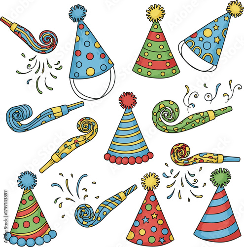 Isolated a Hand drawn birthday party hats and doodle party blowers horns set Childish, kids design elements with colorful dots and stripes vector art with white background.