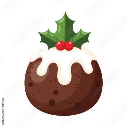 A festive cartoon illustration of a traditional Christmas pudding with white icing, green holly leaves, and red berries on top.