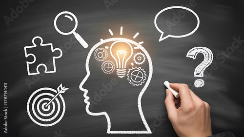 Hand drawing a head with gears and a lightbulb on a blackboard surface