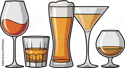 Isolated a kinds of deferent alcohol drink glass vector art with white background.