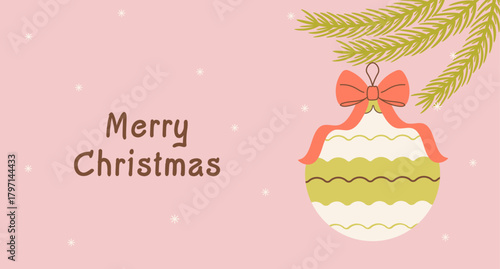Vintage vector Merry Christmas holiday banner, cover, card, background. Hand-drawn Xmas tree, ball with big bow, snowflakes for season greetings, sales, print, ads. Pencil drawing,  soft pastel colors