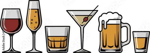 Isolated a kinds of deferent alcohol drink glass vector art with white background.