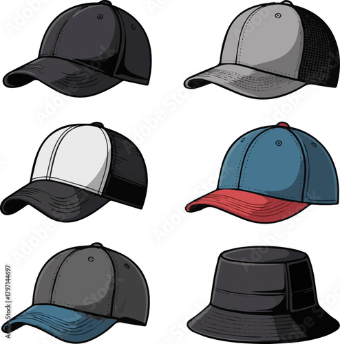 Isolated a kinds of deferent modern cap vector art with white background.