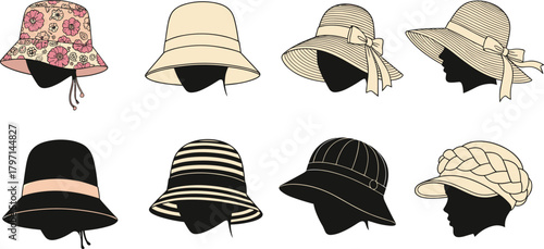 Collection of stylish women’s summer hats and bucket hats in various designs, including floral prints, ribbons, stripes, and braided textures