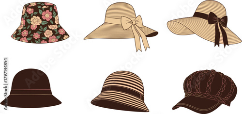 Collection of stylish women's hats including floral bucket hat, wide-brim sun hats, cloche designs and fashionable summer accessories for fashion illustrations