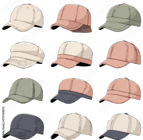 Isolated a kinds of deferent modern girl cap vector art with white background.