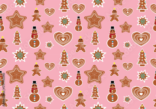 Vintage-style Christmas seamless artwork with gingerbread sweets, pastel snowmen, and charming festive decor