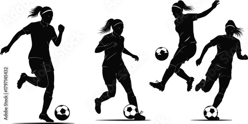 Female soccer players in dynamic action poses, running, kicking, dribbling football, athletic sports silhouettes perfect for training, competition, and design projects