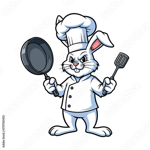 A cartoon white rabbit wearing a chef's hat and uniform, holding a frying pan and a spatula.