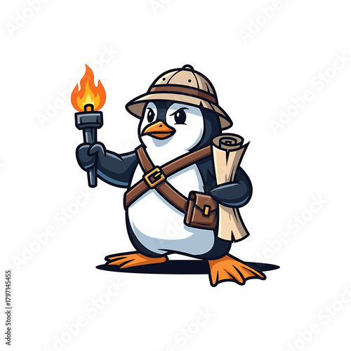 A cute cartoon penguin explorer wearing a safari hat, holding a lit torch and a rolled-up map, ready for adventure.