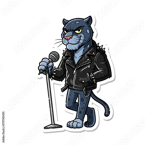 A cool cartoon panther wearing a leather jacket and holding a microphone.