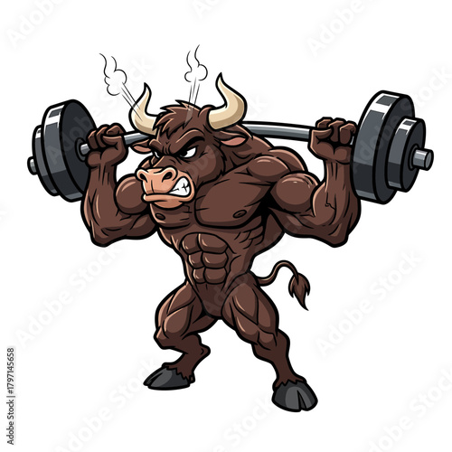 An angry and muscular cartoon bull character is lifting a heavy barbell during a weightlifting workout.