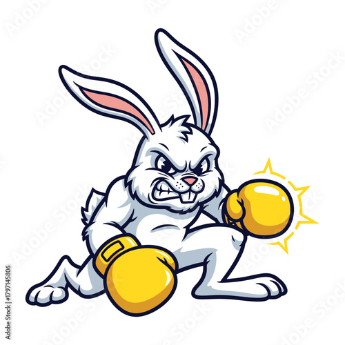 An aggressive white cartoon rabbit in a fighting stance wearing yellow boxing gloves.