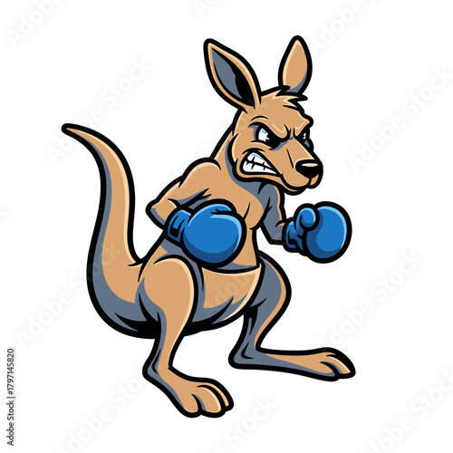 An aggressive cartoon kangaroo wearing blue boxing gloves and looking ready to fight.
