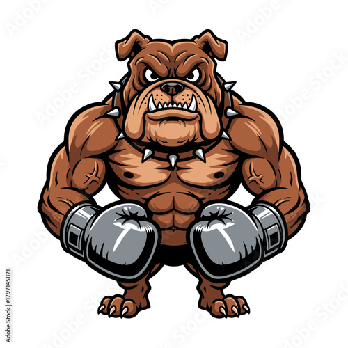 A muscular bulldog with an angry expression, wearing boxing gloves, ready for a fight, with a spiked collar.