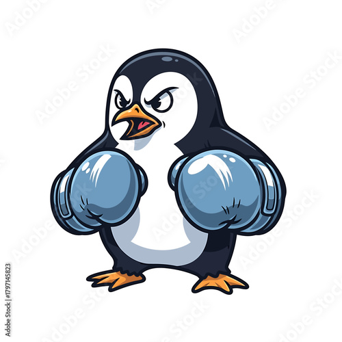 Cartoon penguin with boxing gloves, looking angry and ready to fight. Vector illustration.