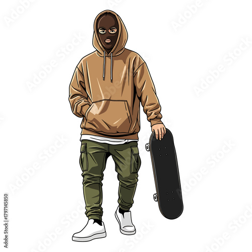 A cartoon illustration of a person wearing a ski mask and hoodie, holding a skateboard.