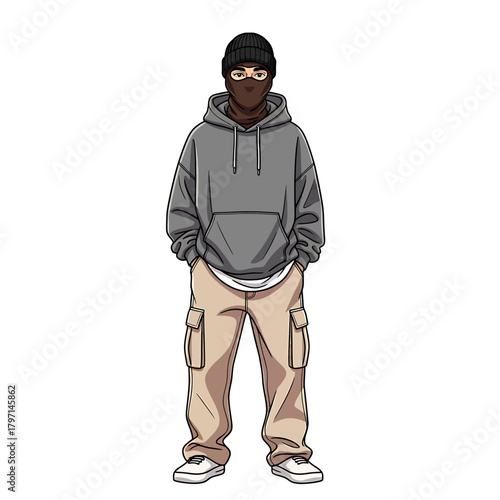 Illustration of a person wearing a black beanie, balaclava, and a gray hoodie with cargo pants.
