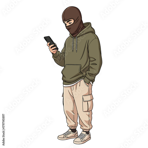 Illustration of a person wearing a balaclava and hoodie looking at a phone.