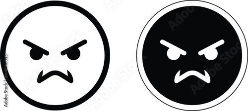 Two monochrome circular emoji show an angry expression with glaring eyes and downturned mouth
