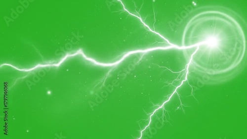 Dynamic white lightning bolt striking a luminous green background, emanating powerful energy and electrical charge with a bright glowing orb