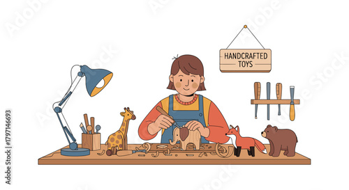 A woman is crafting wooden toys at her workbench, surrounded by tools, a lamp, and a sign that reads handcrafted toys