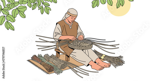 A man is weaving a basket while sitting on a stool, surrounded by bundles of reeds and leaves