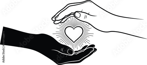 Light skinned hand protects glowing heart within dark hand, emphasizing love and care