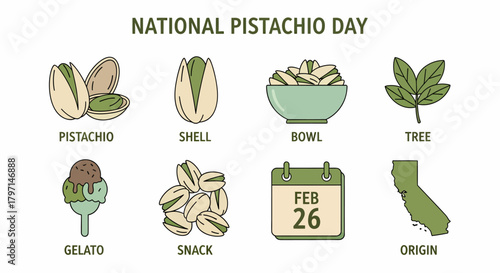 Infographic illustrating facts about National Pistachio Day featuring icons and labels
