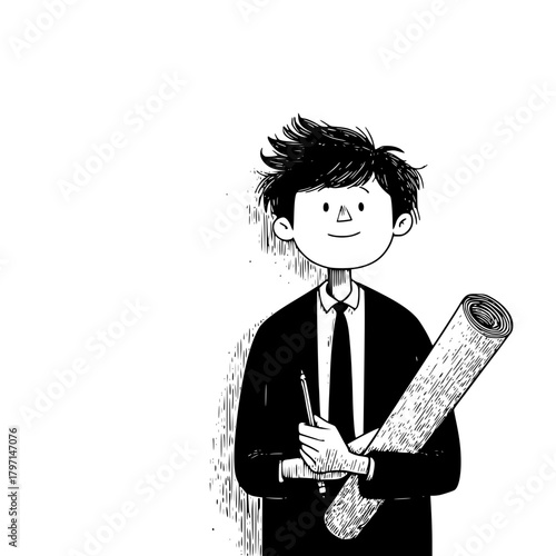 Young Architect Designer with Blueprint and Drawing Instrument