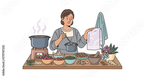 A woman prepares herbal remedies, mixing ingredients in a pot with various herbs and flowers displayed on a table