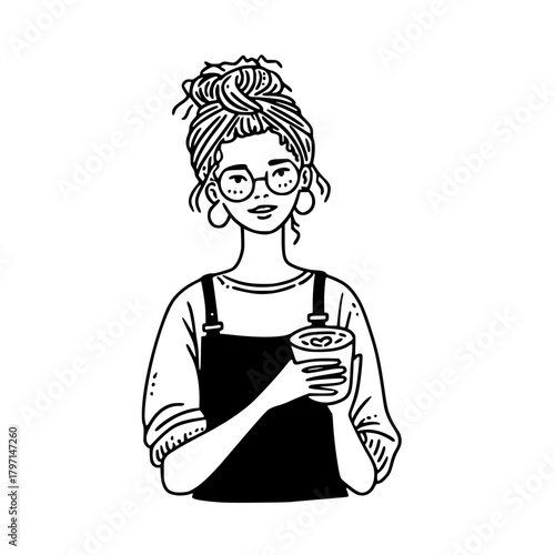 Casual Woman with Coffee Wearing Glasses and Apron