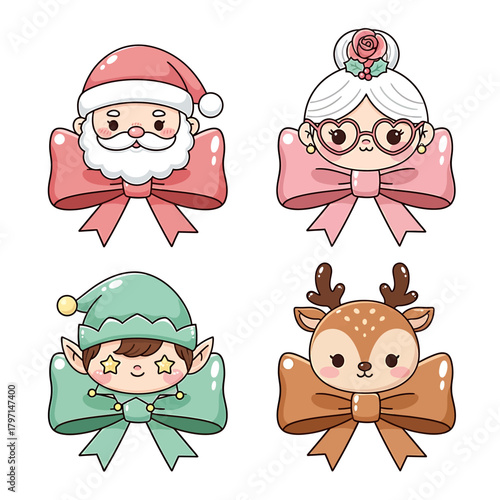 A cute collection of four Christmas characters, Santa, Mrs. Claus, an elf, and a reindeer, each decorated with a large bow.