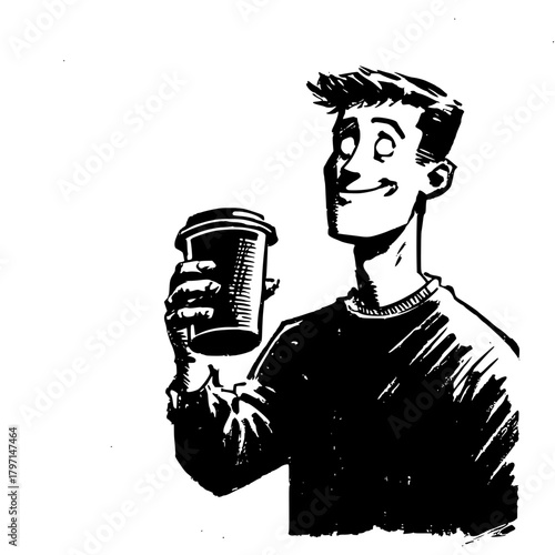 Happy Young Man with Coffee Cup Hand