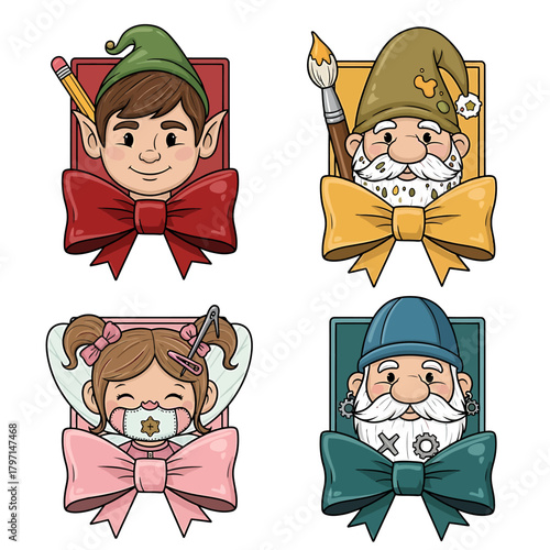 Four charming cartoon characters, each framed with a decorative bow, showcasing diverse personalities.