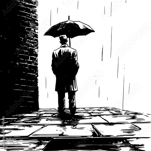 Solitary Figure with Umbrella Rainy Cobblestone Street