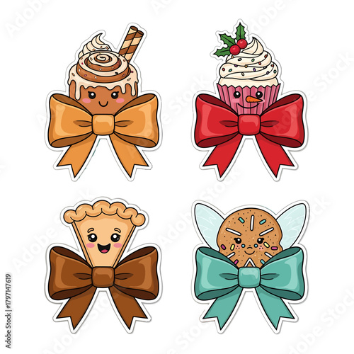 Four cute cartoon dessert characters, including a cinnamon roll, Christmas cupcake, pie slice, and gingerbread cookie, each adorned with a decorative bow.