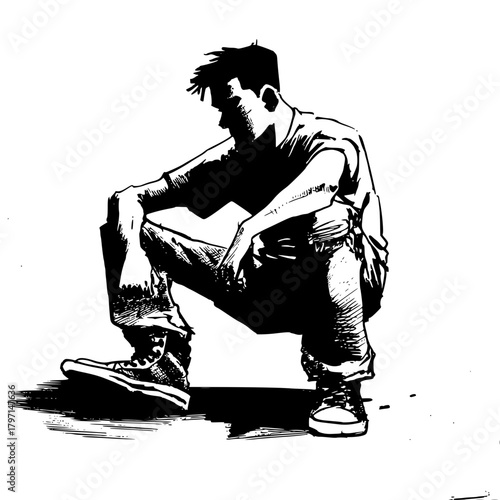 Casual Young Man Crouching with